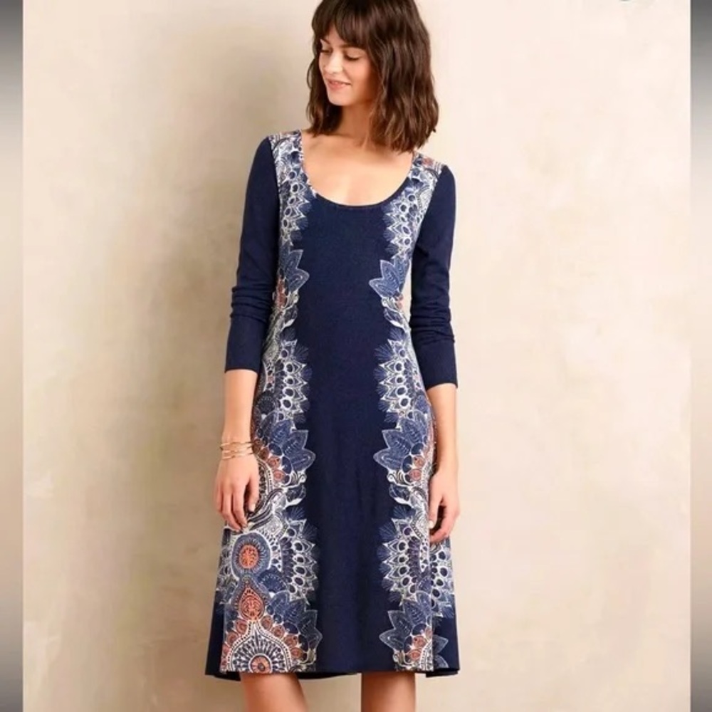 Anthropologie Maeve Women's Eira Sweater Dress Blue Floral- Size Small